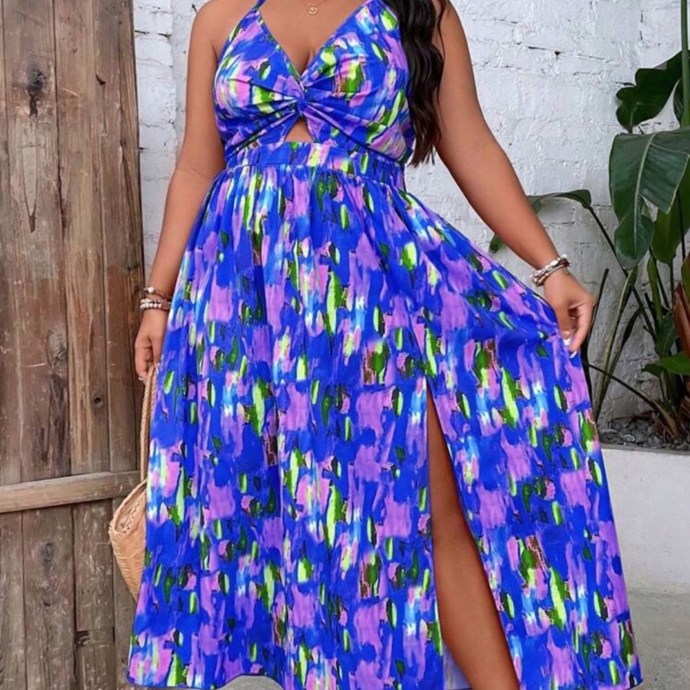 SHEIN Curve Blue Purple Halter Dress with Cutout & Bow Abstract 3XL